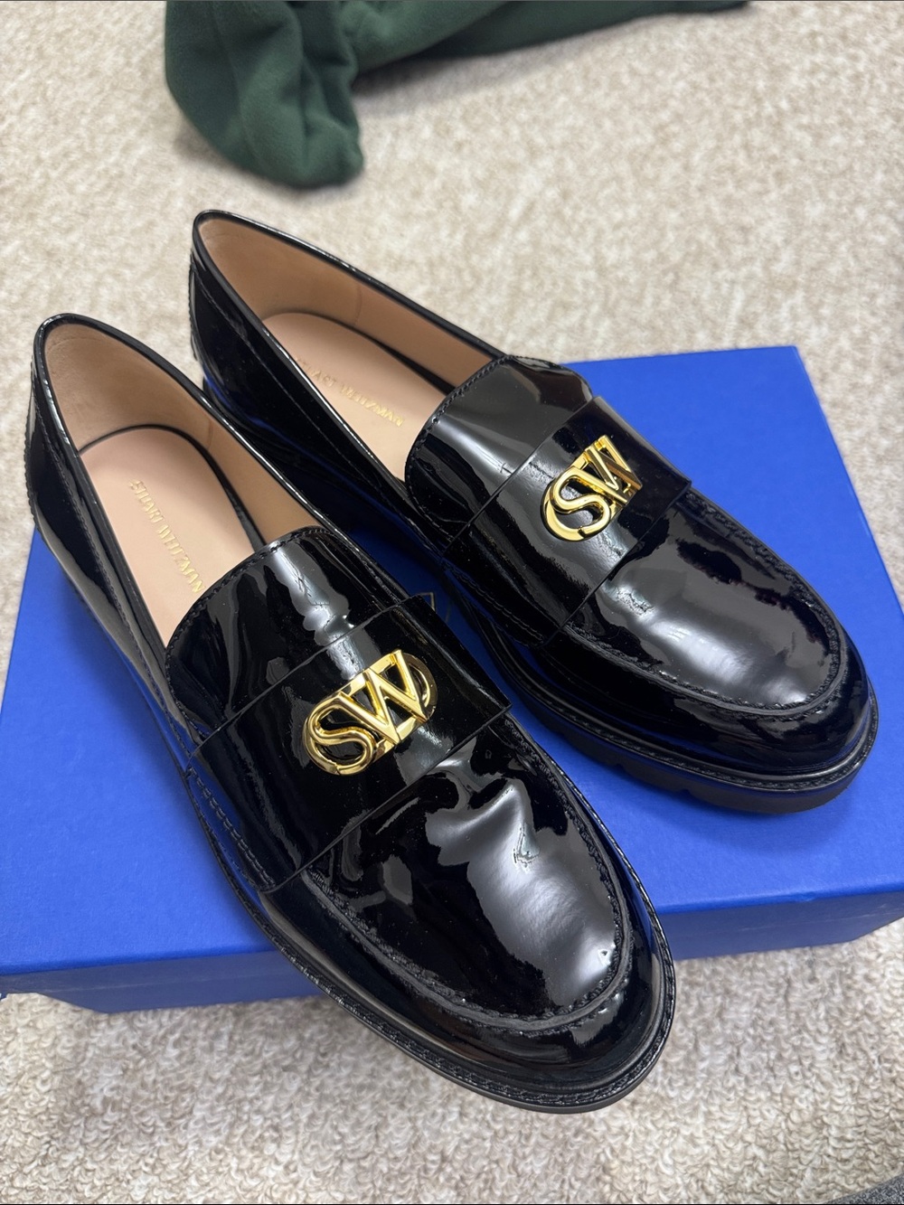 Stuart Weitzman Black Patent Loafers with Gold SW Emblem